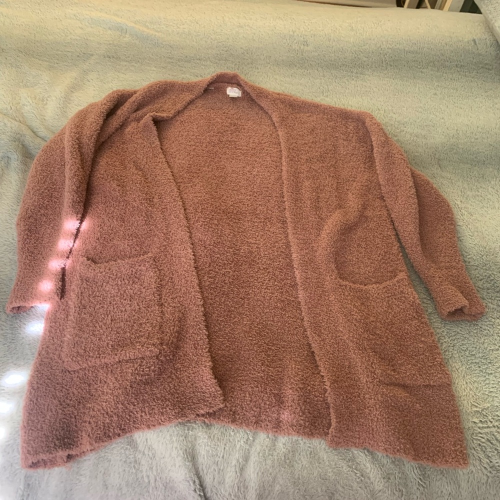 Mauve cardigan. very fuzzy and cozy.
